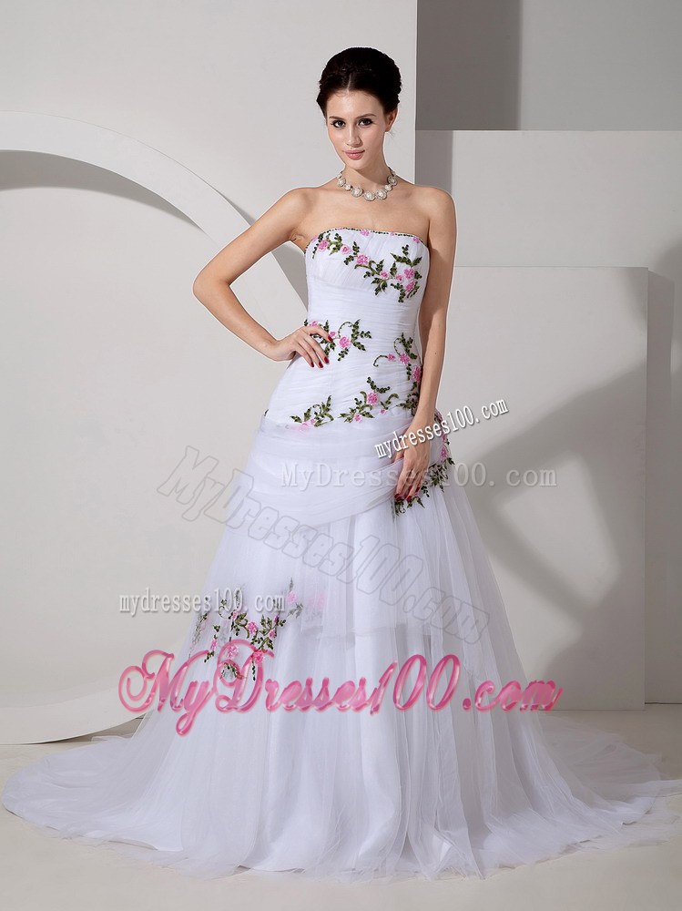 Strapless White Sweetheart wedding Dresses with Pink and Green Appliques