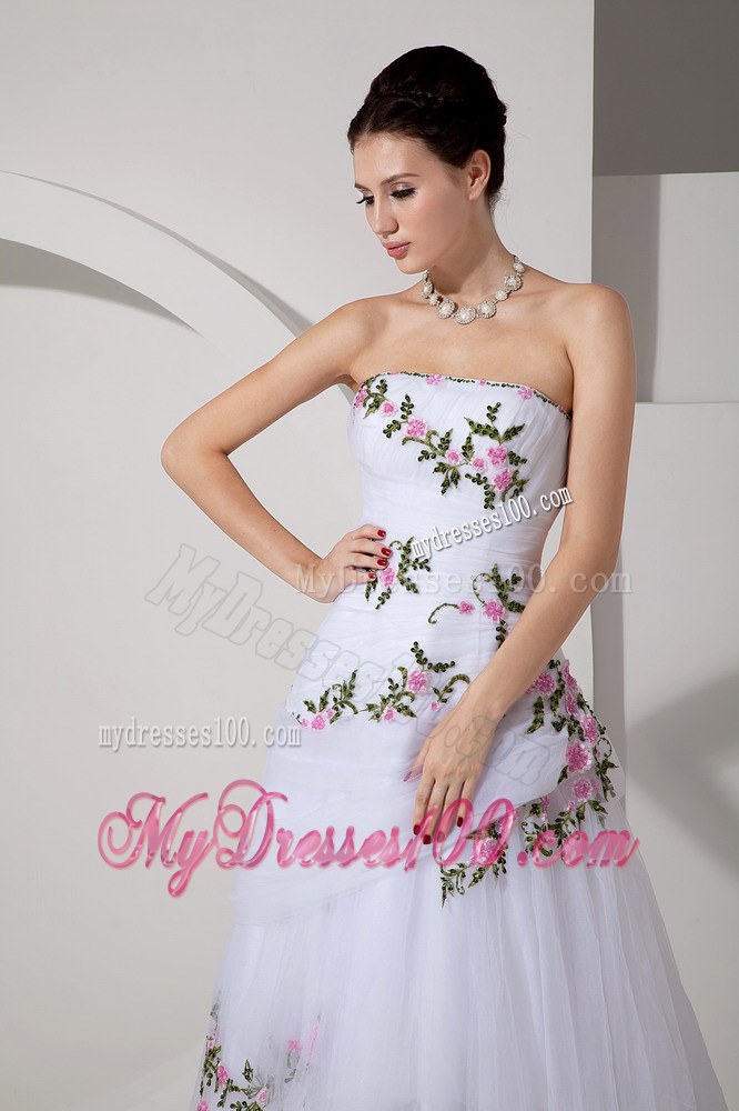 Strapless White Sweetheart wedding Dresses with Pink and Green Appliques