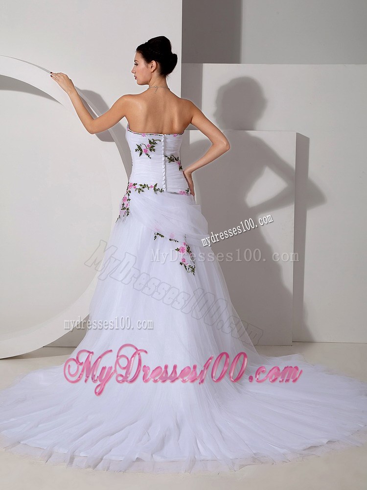 Strapless White Sweetheart wedding Dresses with Pink and Green Appliques