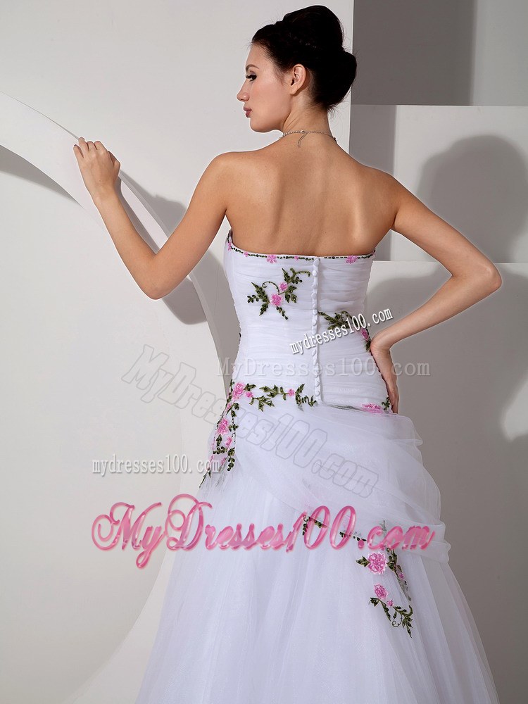Strapless White Sweetheart wedding Dresses with Pink and Green Appliques