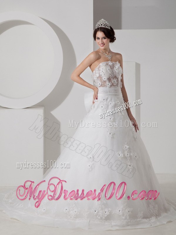 Sheer Bodice for Appliques Decorate Bridal Dress with Bowknot On The Back