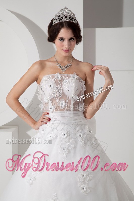 Sheer Bodice for Appliques Decorate Bridal Dress with Bowknot On The Back