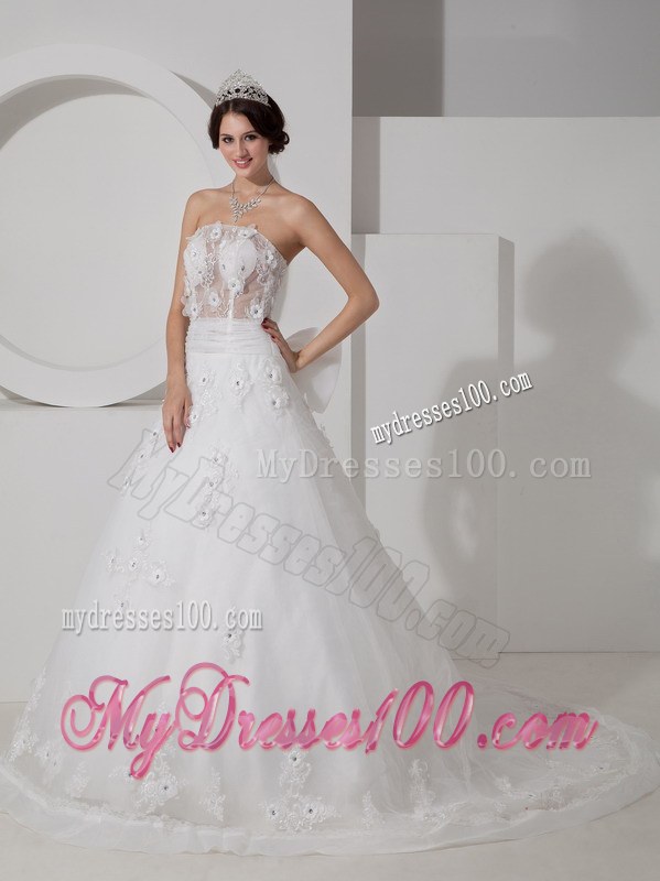 Sheer Bodice for Appliques Decorate Bridal Dress with Bowknot On The Back
