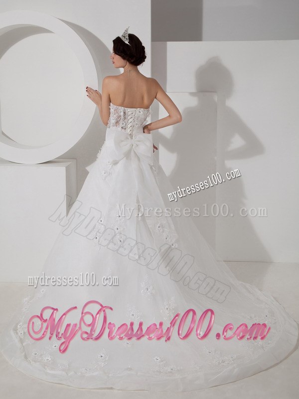 Sheer Bodice for Appliques Decorate Bridal Dress with Bowknot On The Back
