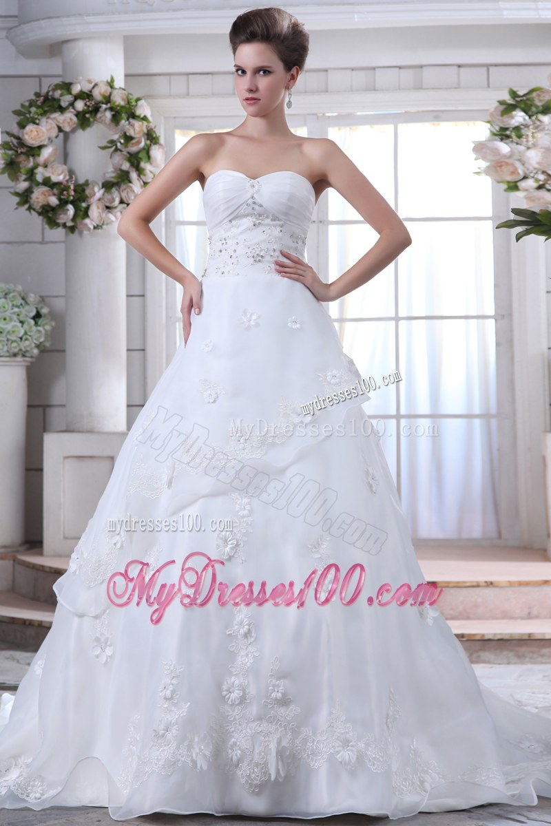 Floral Embellishment Chapel Train White Wedding Gown with Beading
