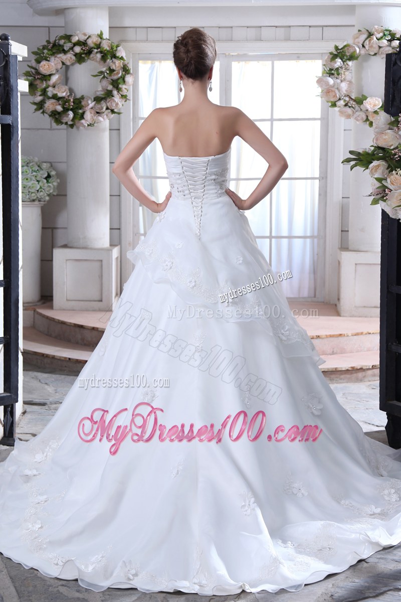 Floral Embellishment Chapel Train White Wedding Gown with Beading