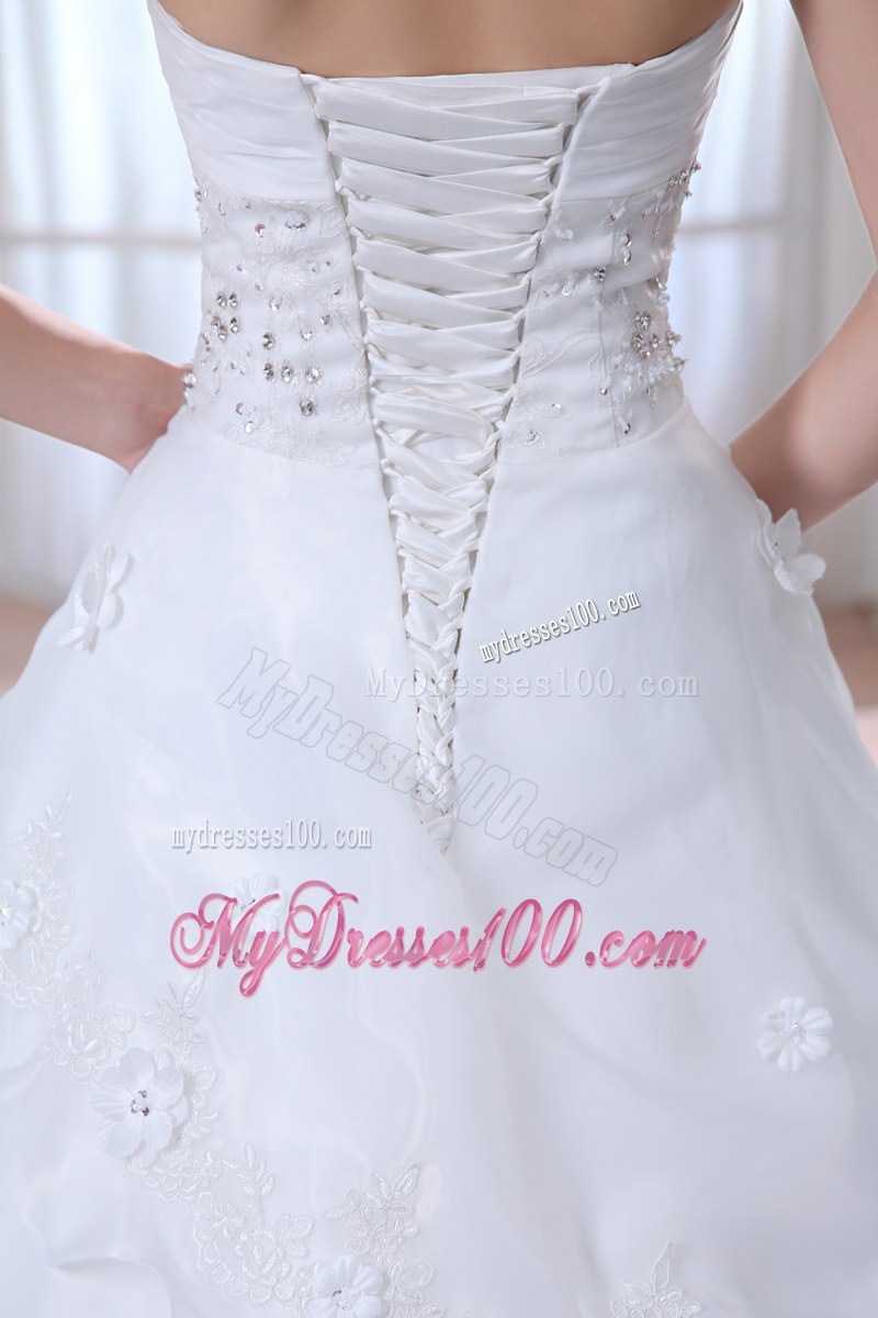 Floral Embellishment Chapel Train White Wedding Gown with Beading