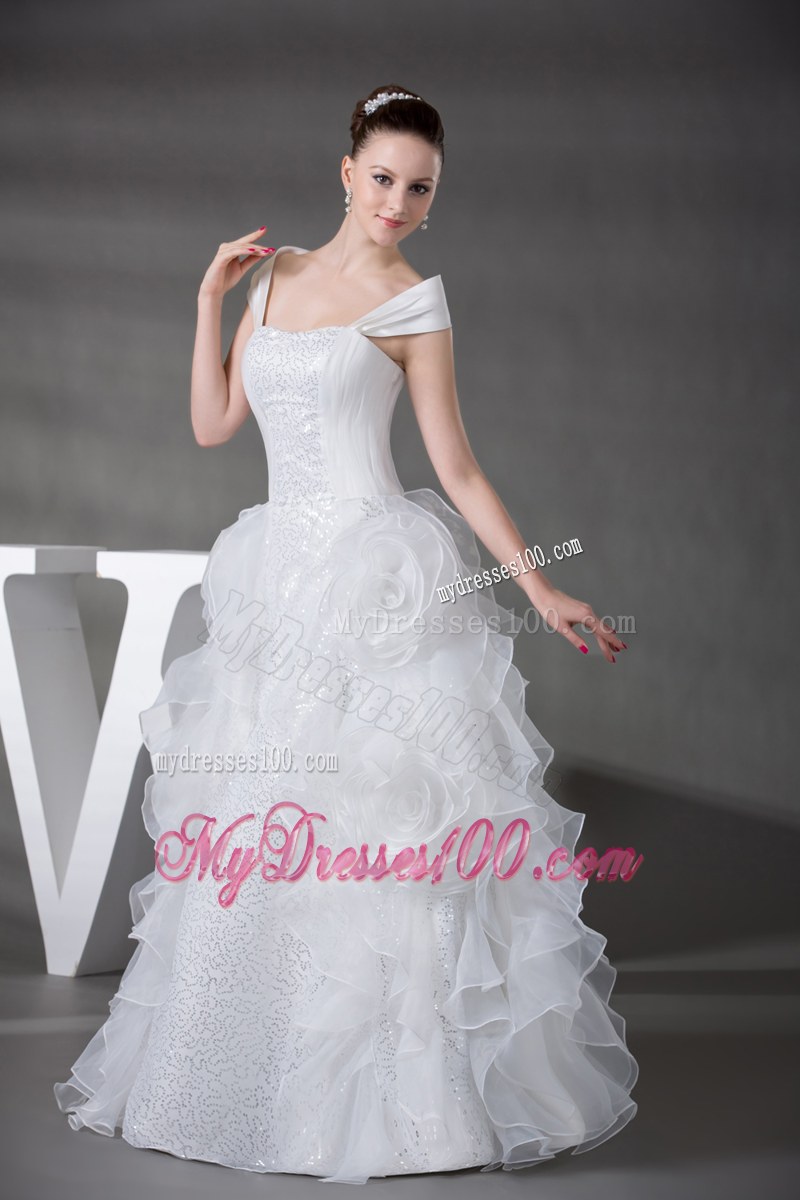 Ball Gown Wide Straps Wedding Gown with Ruffles and Shining Paillettes