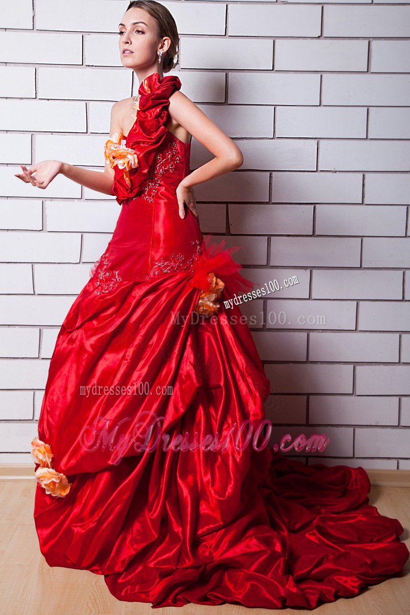 Red Wedding Dress One Shoulder Pick-ups Handmade Flowers
