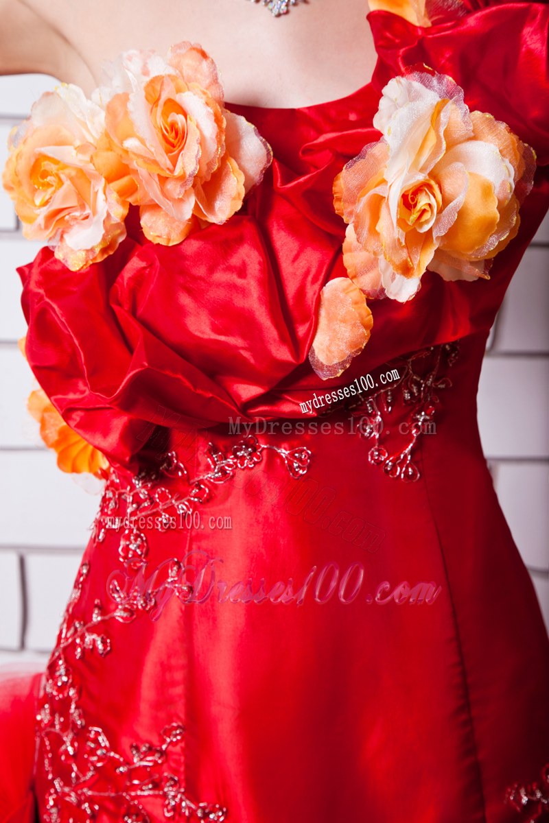 Red Wedding Dress One Shoulder Pick-ups Handmade Flowers