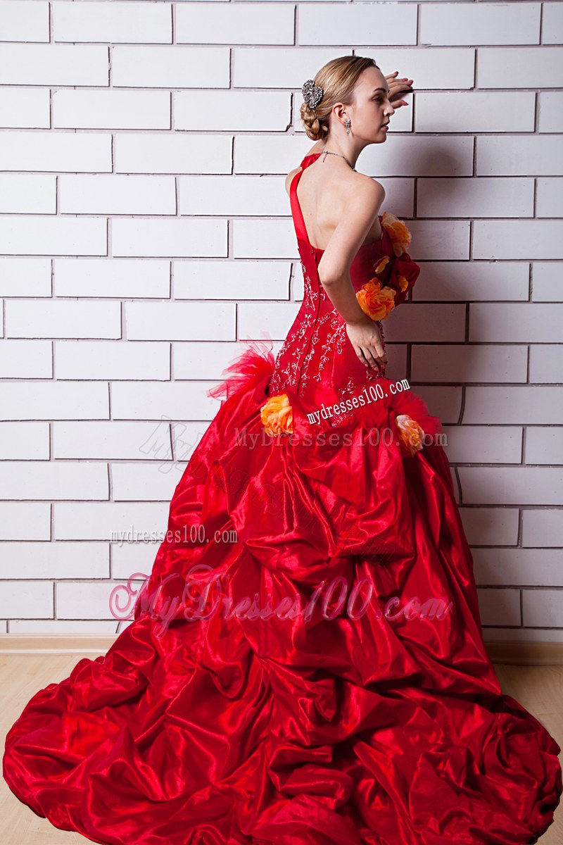 Red Wedding Dress One Shoulder Pick-ups Handmade Flowers