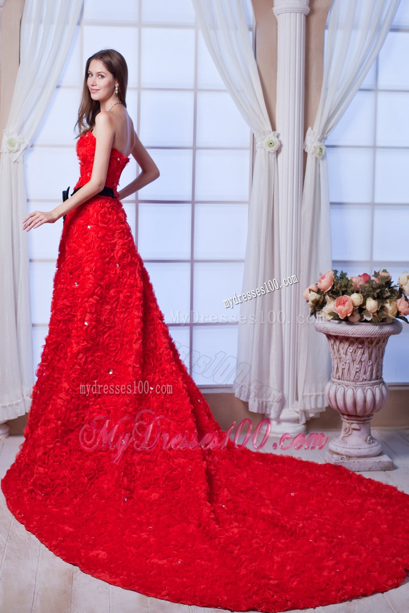 Red Special Embossed Fabric Wedding Dress with Black Ribbon