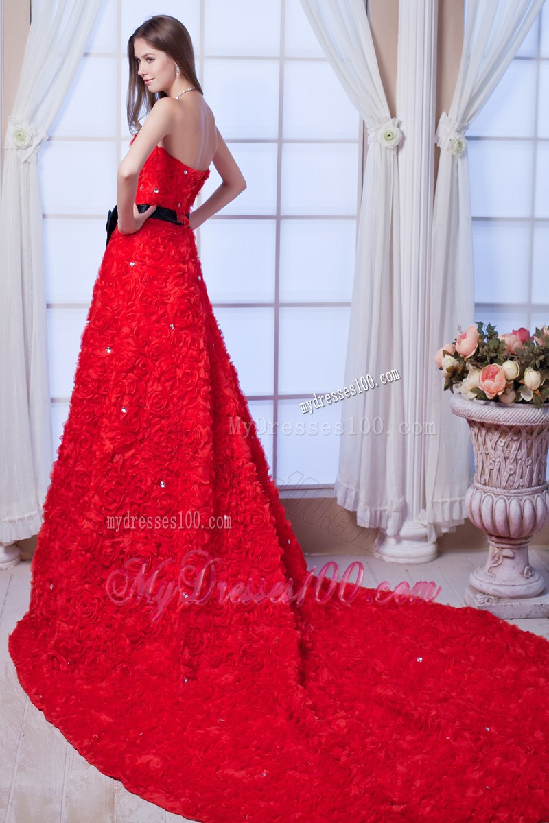 Red Special Embossed Fabric Wedding Dress with Black Ribbon