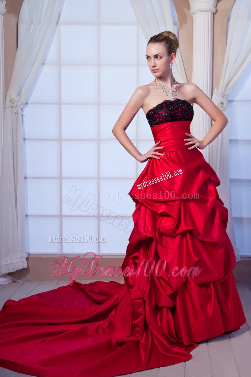 Black and Wine Red Wedding Gown with Court Train and Pick-Ups