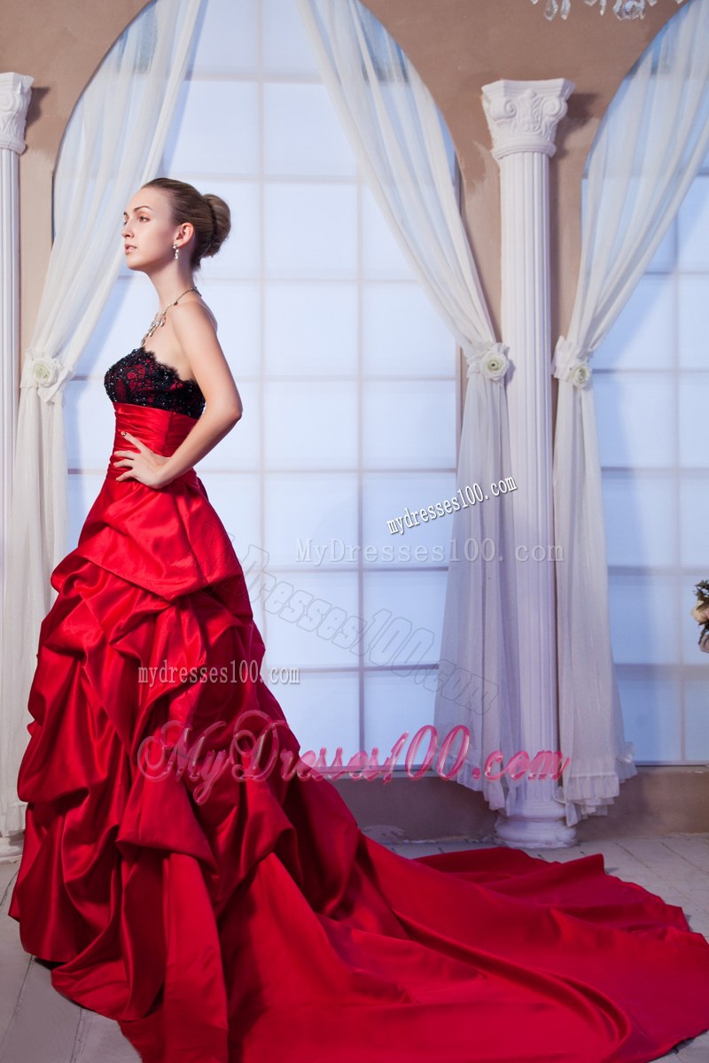 Black and Wine Red Wedding Gown with Court Train and Pick-Ups
