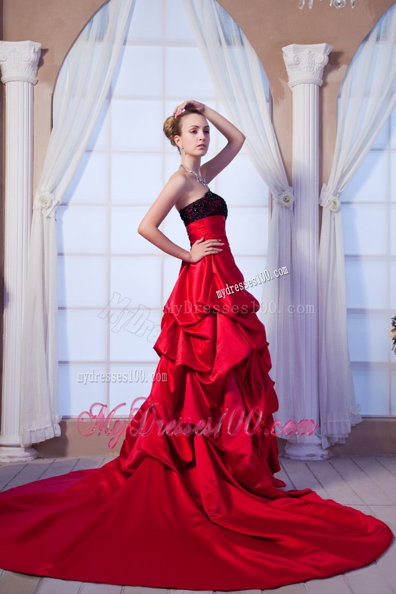 Black and Wine Red Wedding Gown with Court Train and Pick-Ups