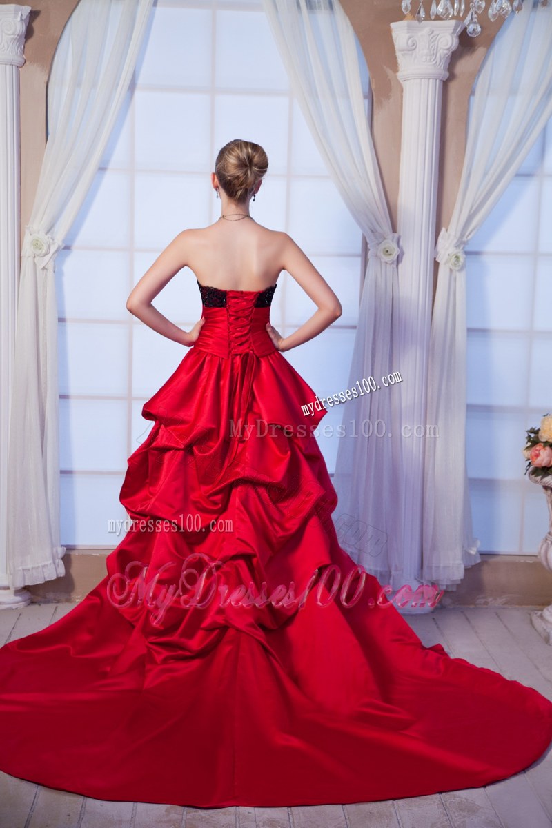 Black and Wine Red Wedding Gown with Court Train and Pick-Ups