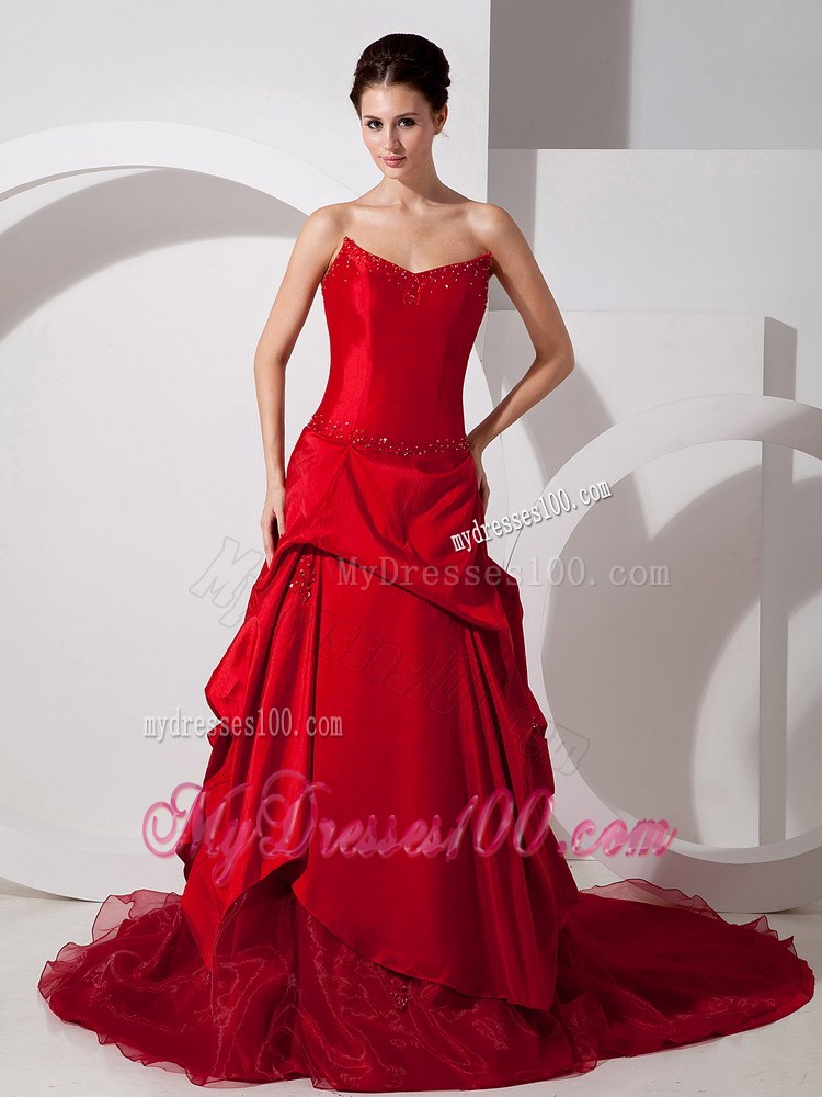 Strapless Wine Red V-neck Beaded Chapel Train Wedding Dresses with Pick -Ups