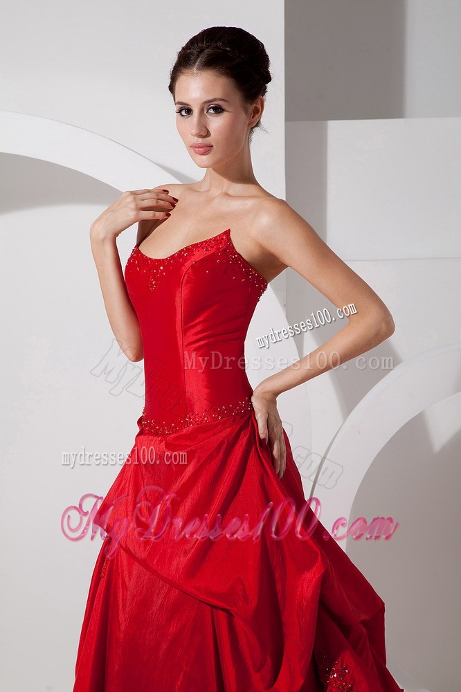 Strapless Wine Red V-neck Beaded Chapel Train Wedding Dresses with Pick -Ups