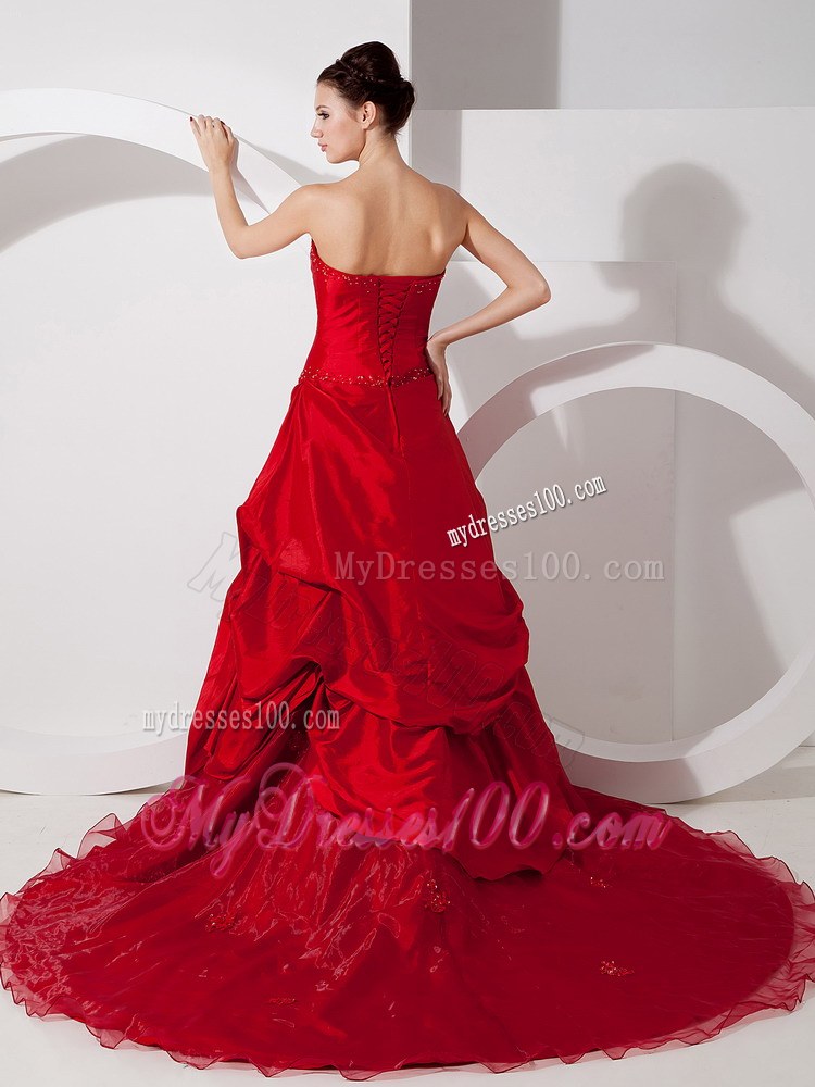 Strapless Wine Red V-neck Beaded Chapel Train Wedding Dresses with Pick -Ups