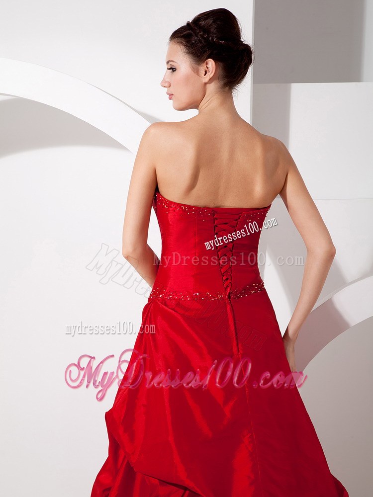Strapless Wine Red V-neck Beaded Chapel Train Wedding Dresses with Pick -Ups