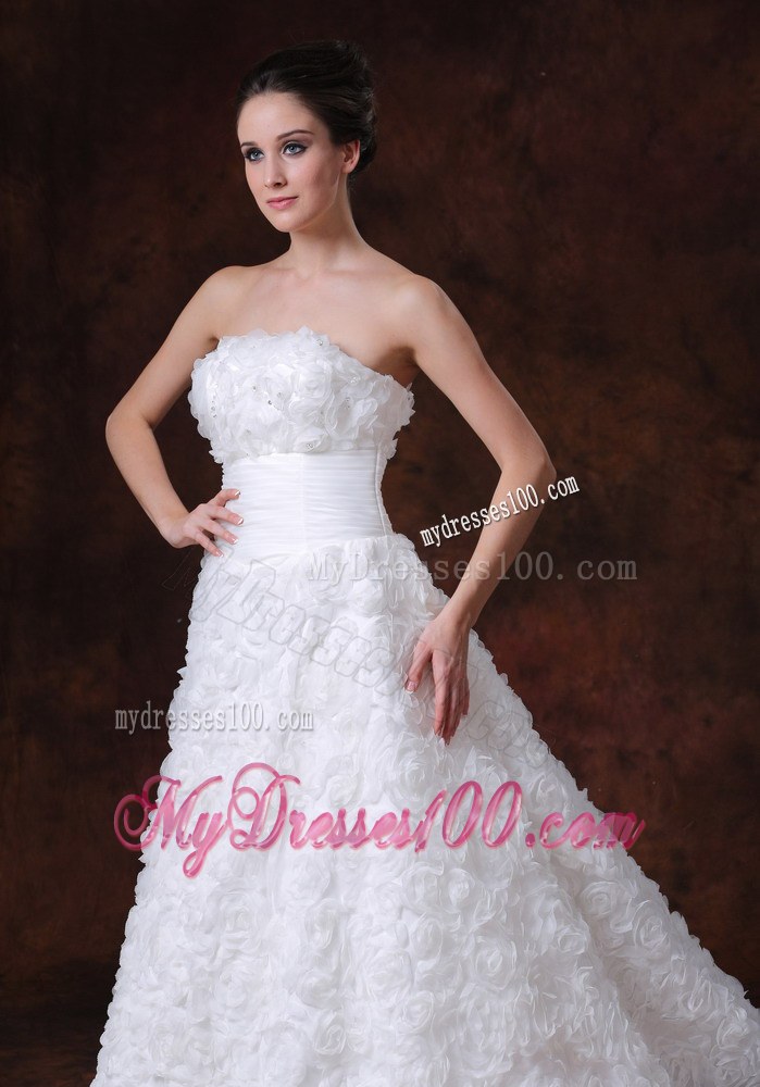 Rolling Flowers Decorate Strapless A-line Chapel Train Wedding Gown in White