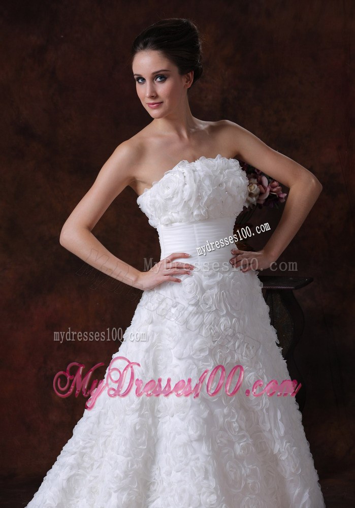 Rolling Flowers Decorate Strapless A-line Chapel Train Wedding Gown in White
