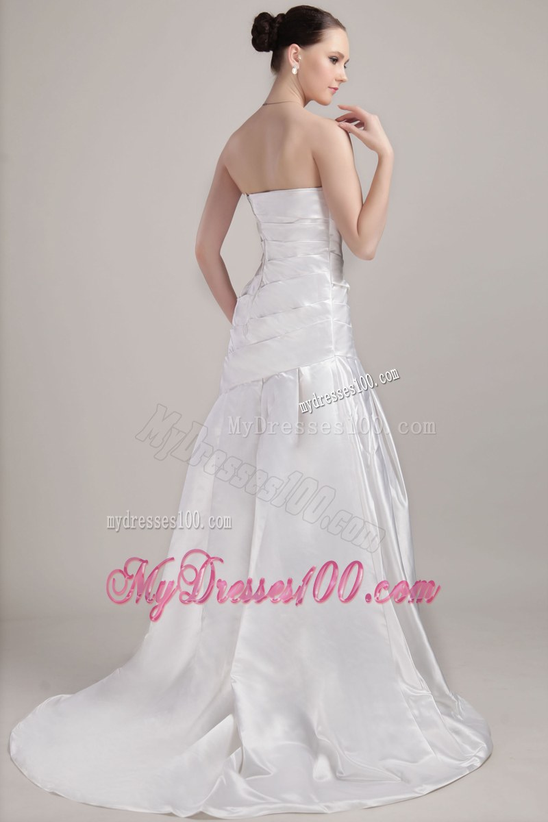 Sweetheart Ruche Sweep Train White Wedding Dress Zipper Up Back
