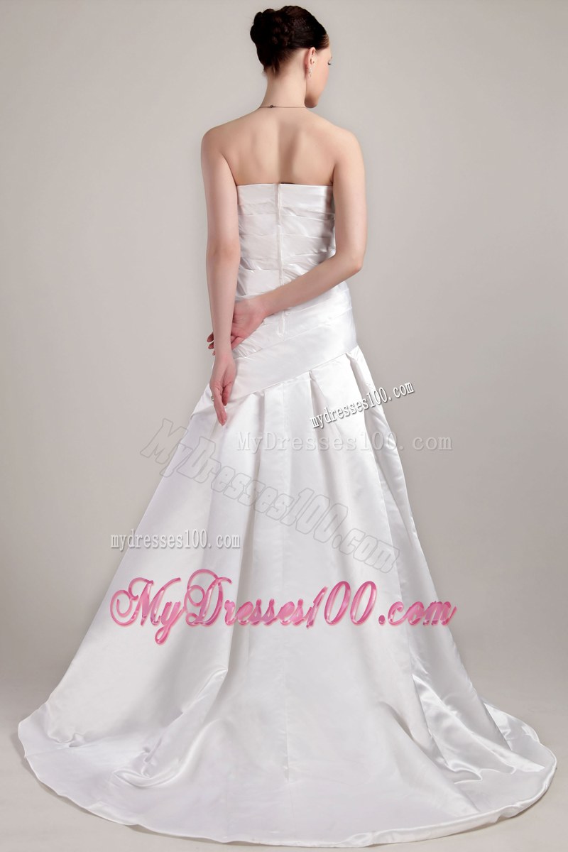 Sweetheart Ruche Sweep Train White Wedding Dress Zipper Up Back