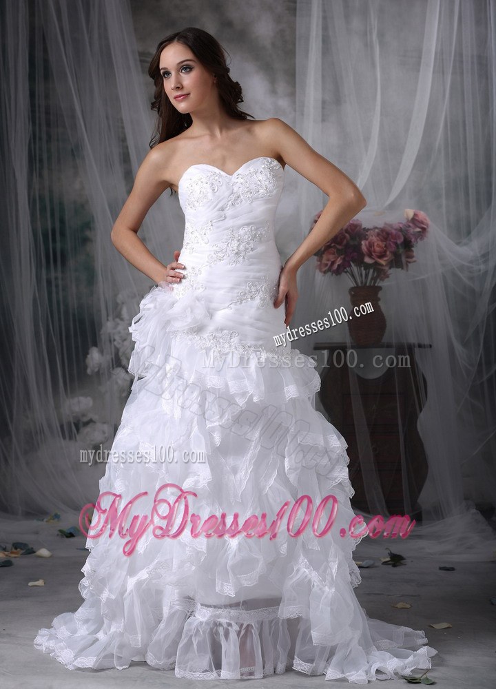 Perfect Ruffle Layers Appliques Strapless White Wedding Dress Court Train