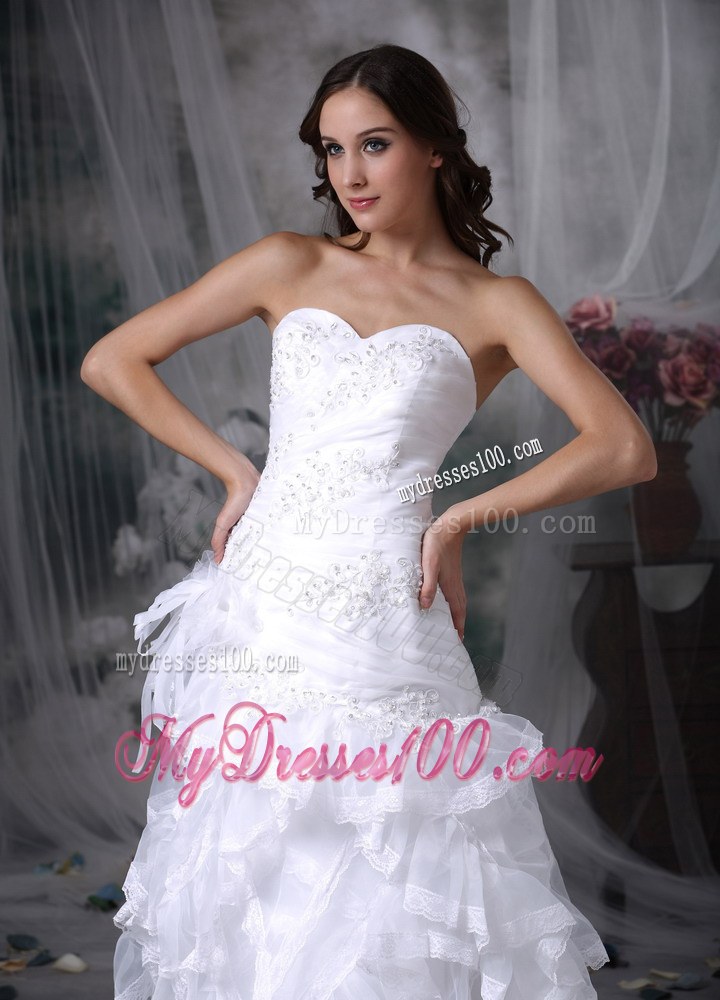 Perfect Ruffle Layers Appliques Strapless White Wedding Dress Court Train