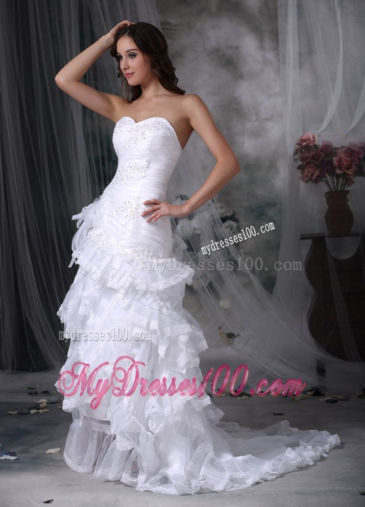 Perfect Ruffle Layers Appliques Strapless White Wedding Dress Court Train
