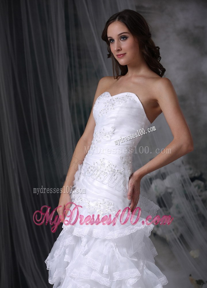 Perfect Ruffle Layers Appliques Strapless White Wedding Dress Court Train
