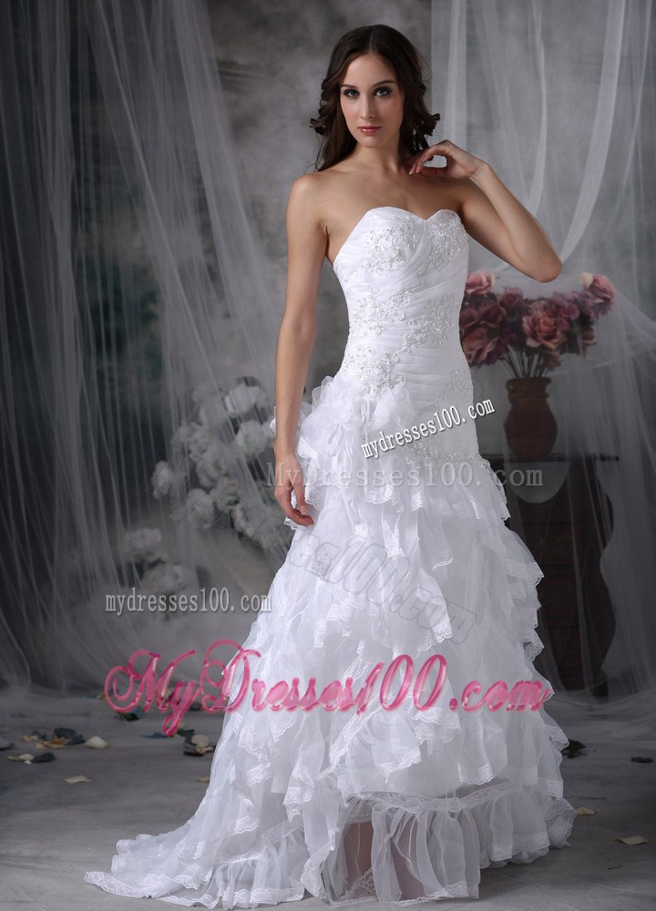 Perfect Ruffle Layers Appliques Strapless White Wedding Dress Court Train