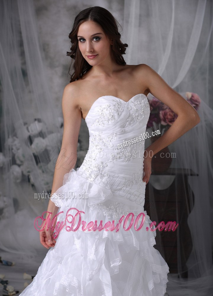 Perfect Ruffle Layers Appliques Strapless White Wedding Dress Court Train