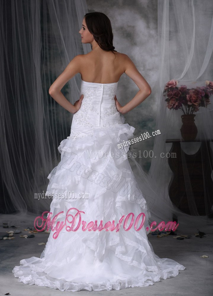 Perfect Ruffle Layers Appliques Strapless White Wedding Dress Court Train