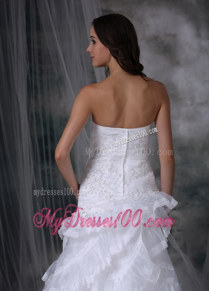 Perfect Ruffle Layers Appliques Strapless White Wedding Dress Court Train