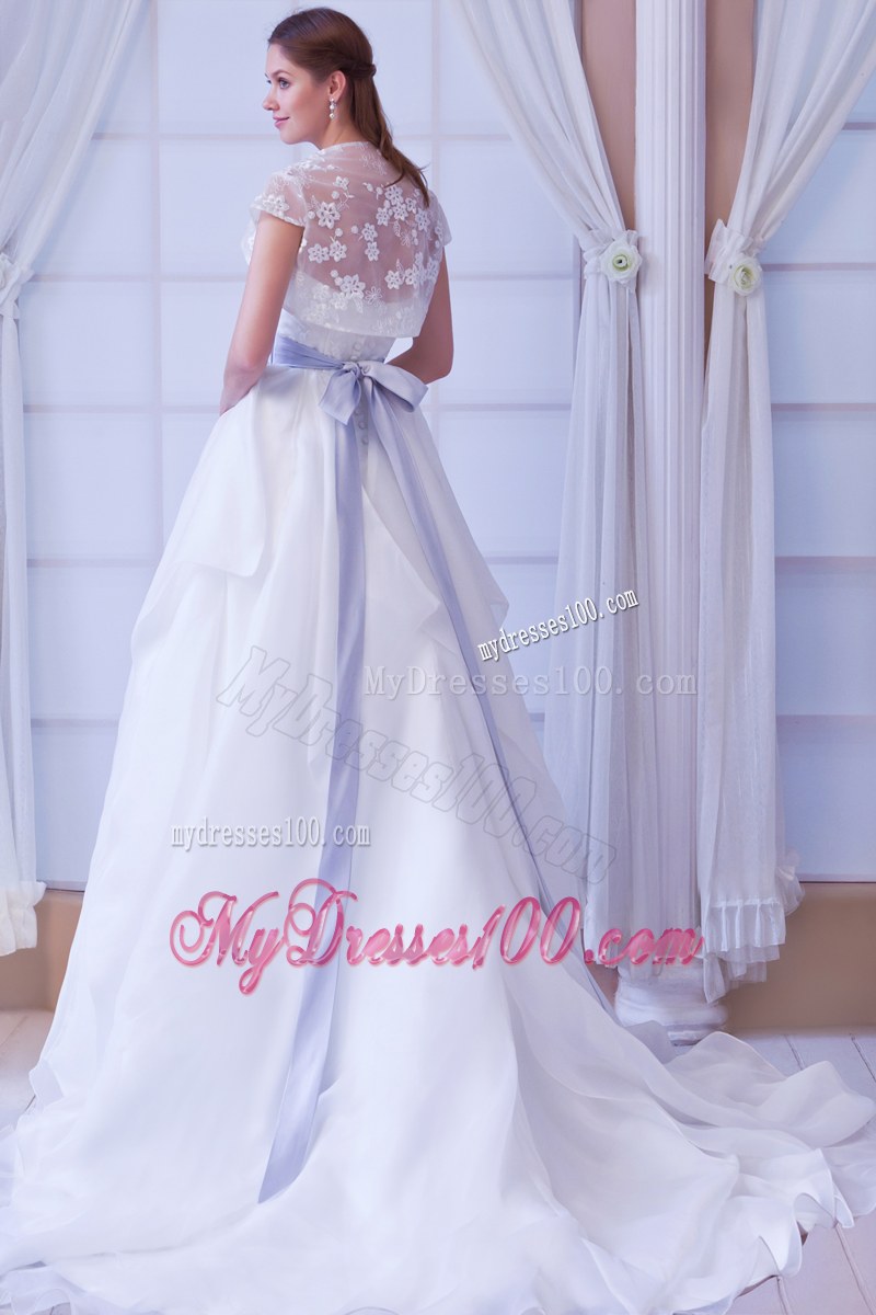 Pretty Court Train White Wedding Dress Ruffles Ribbon Embroidery