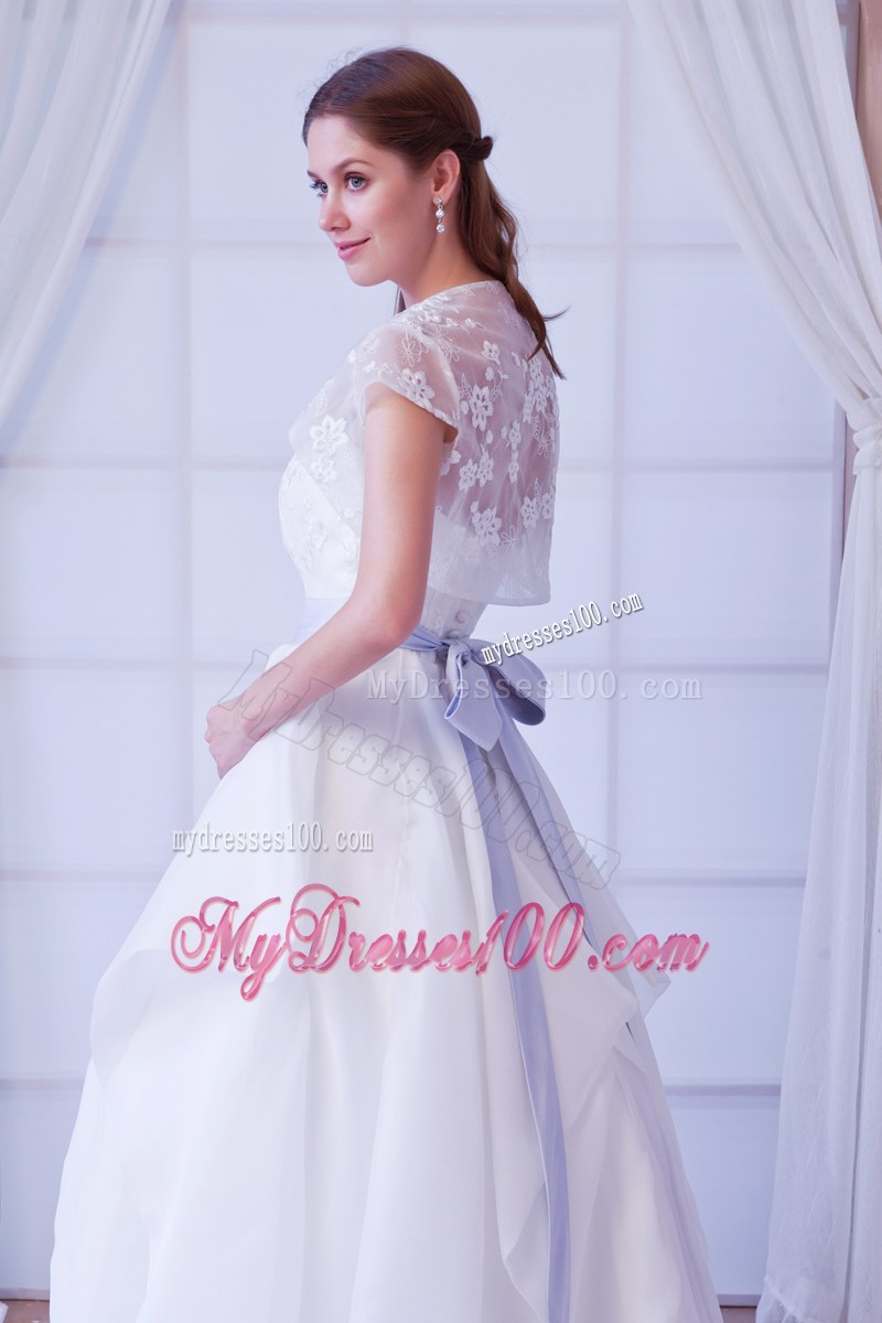 Pretty Court Train White Wedding Dress Ruffles Ribbon Embroidery