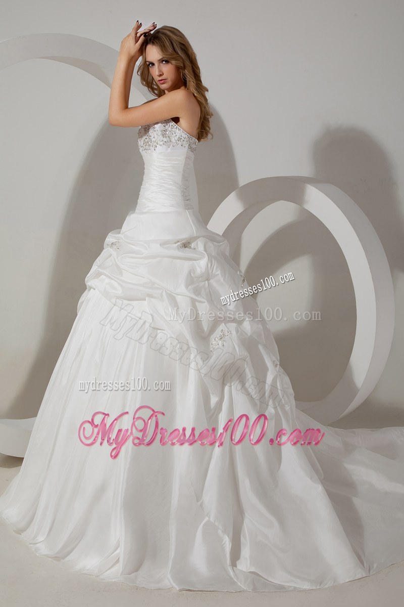 Elegant Strapless Ruffles Beaded White Wedding Bridal Gown Court Train