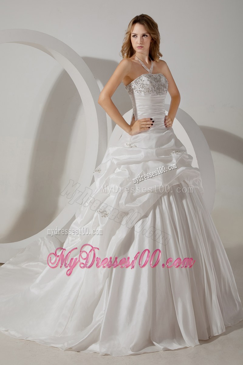 Elegant Strapless Ruffles Beaded White Wedding Bridal Gown Court Train