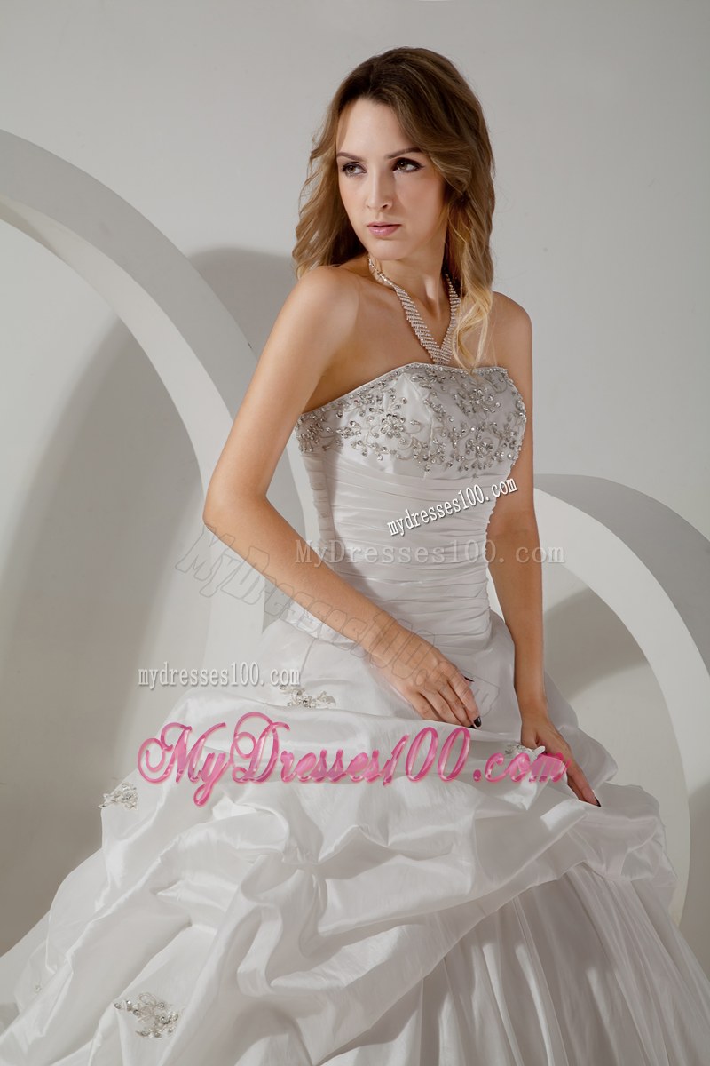 Elegant Strapless Ruffles Beaded White Wedding Bridal Gown Court Train