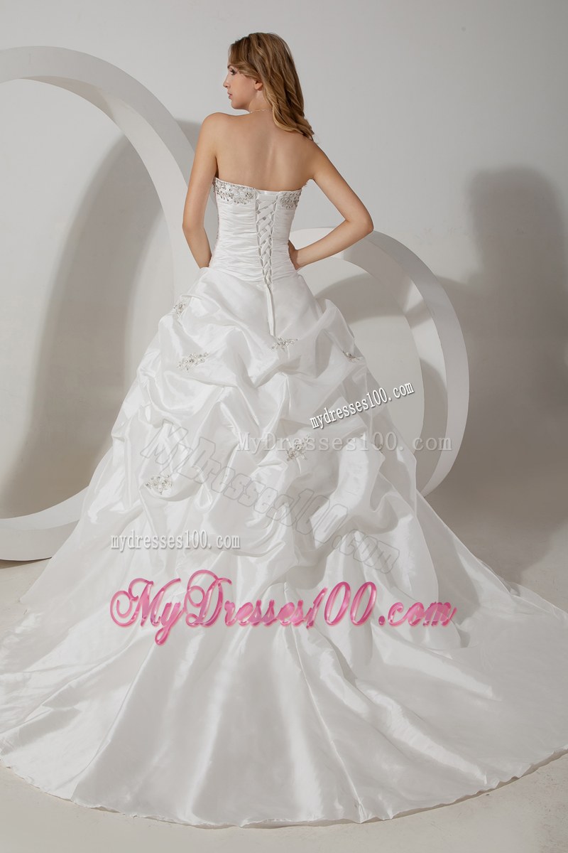Elegant Strapless Ruffles Beaded White Wedding Bridal Gown Court Train