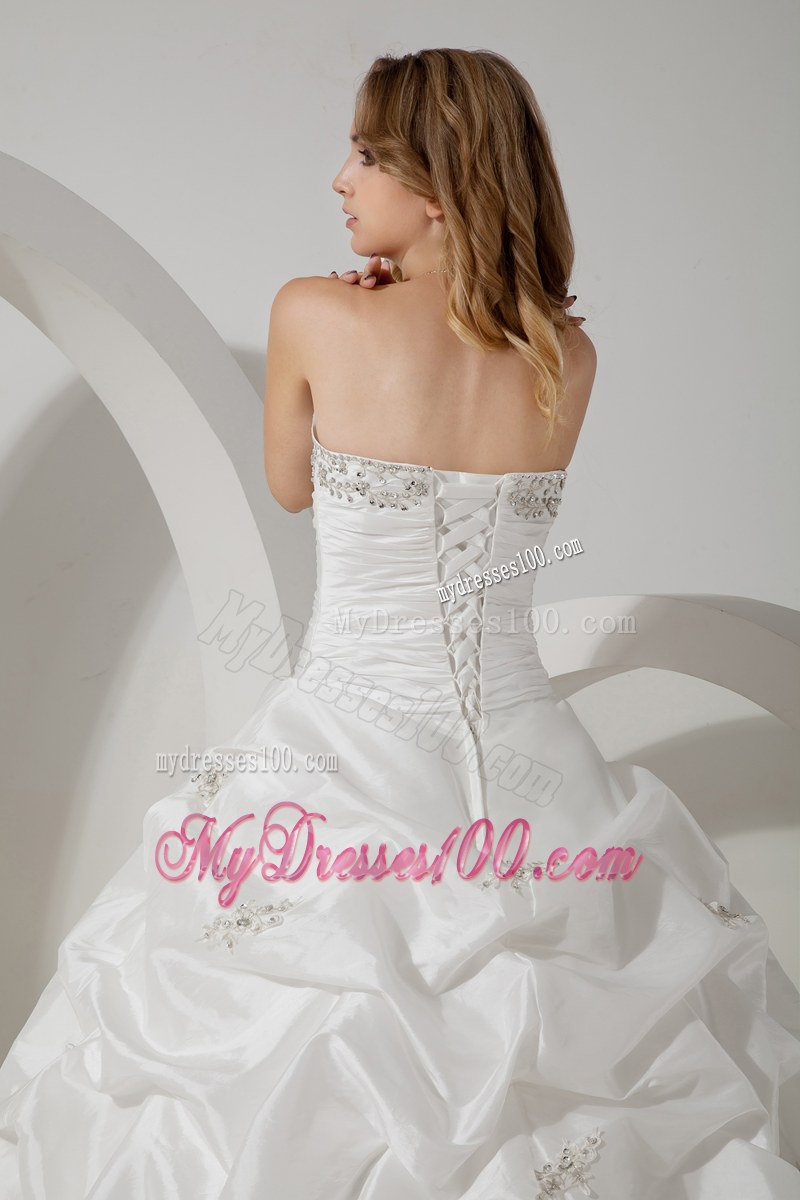 Elegant Strapless Ruffles Beaded White Wedding Bridal Gown Court Train