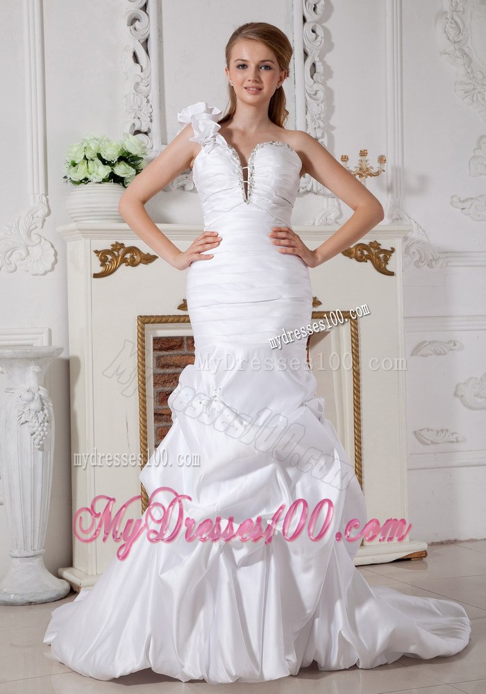 Mermaid One Shoulder Court Train Beaded Wedding Dress with Pick-ups