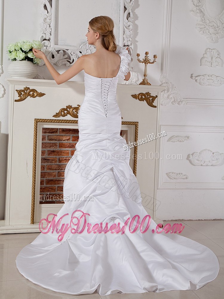 Mermaid One Shoulder Court Train Beaded Wedding Dress with Pick-ups