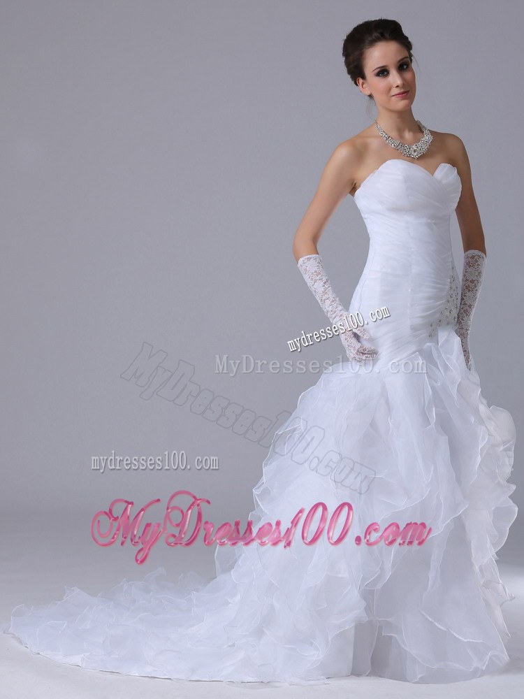 Ruffles and Beading Accent White Organza Mermaid Bridal Dresses