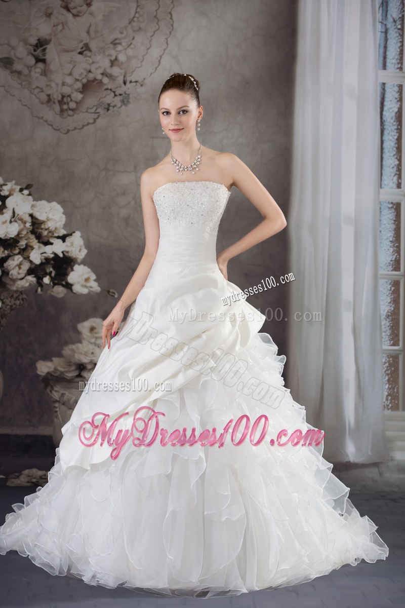 Pick-ups Diamonds and Ruffled Layers Decorated Wedding Gown with Brush Train