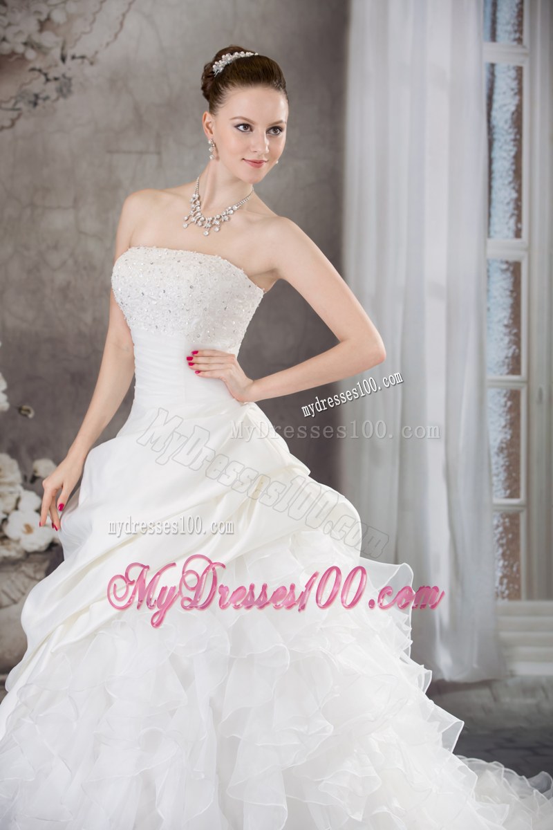 Pick-ups Diamonds and Ruffled Layers Decorated Wedding Gown with Brush Train