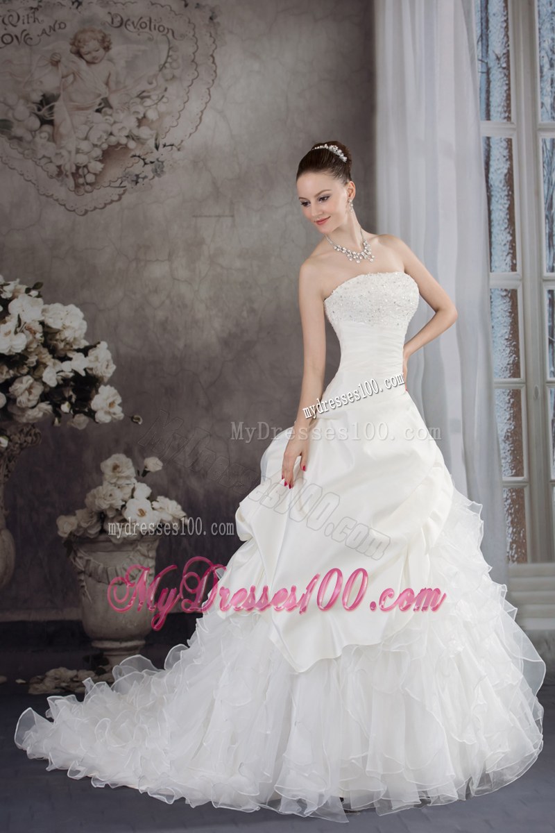 Pick-ups Diamonds and Ruffled Layers Decorated Wedding Gown with Brush Train
